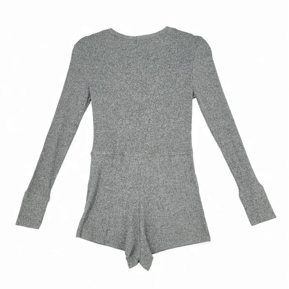 Altar'd State Ribbed Knit Romper M Gray‎ Long Sleeve Loungewear Button Front